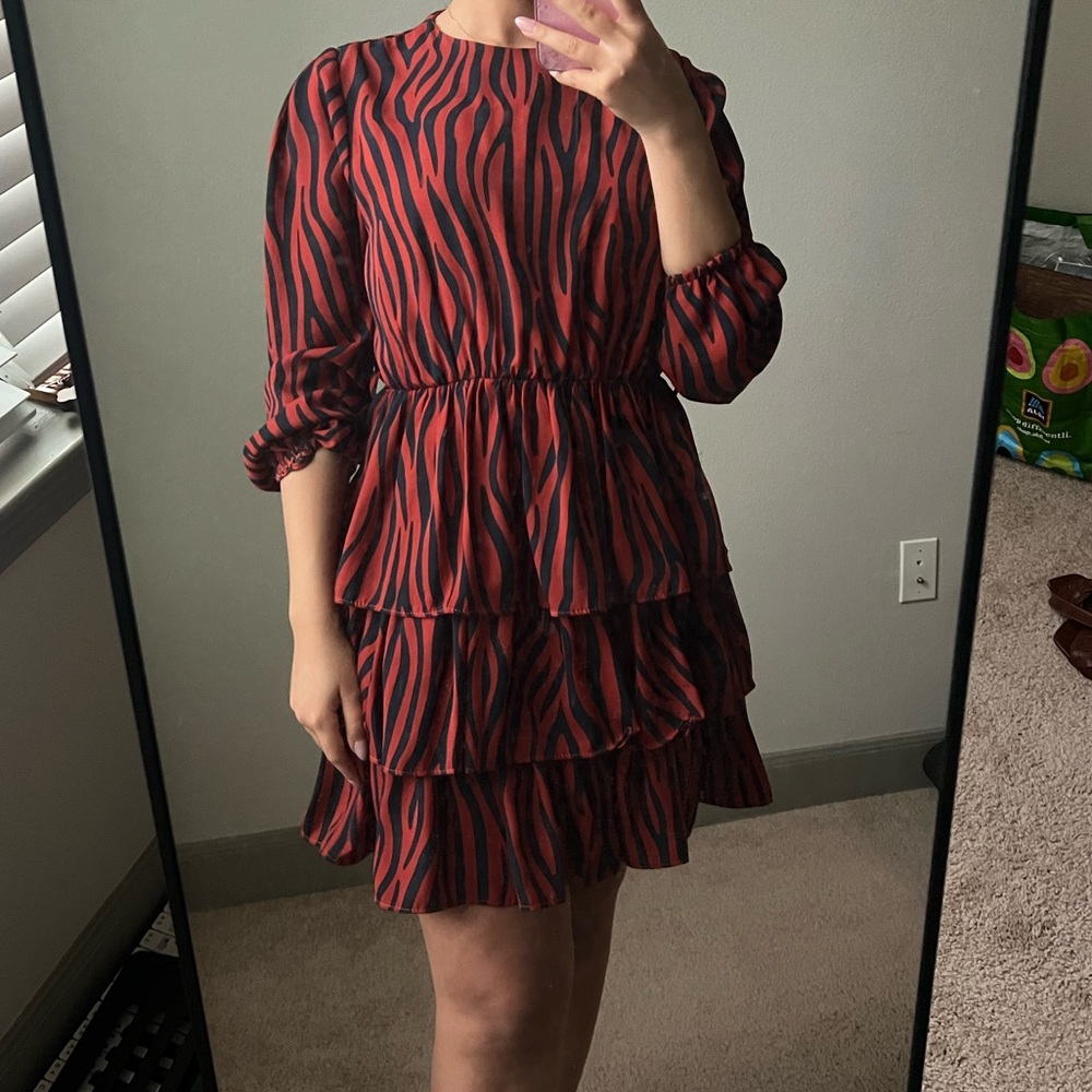 Zodiac Vibrant Red and Black Tiered Long Sleeve Dress